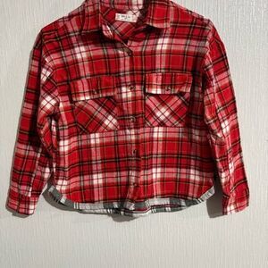 Plaid Girls Crop Flannel Button Up Collar Shirt Red Black Tan White Grey M 10-12